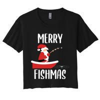 Merry Fishmas Funny Santa Fishing Fisherman Christmas Xmas Women's Crop Top Tee