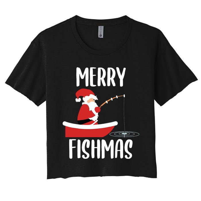 Merry Fishmas Funny Santa Fishing Fisherman Christmas Xmas Women's Crop Top Tee