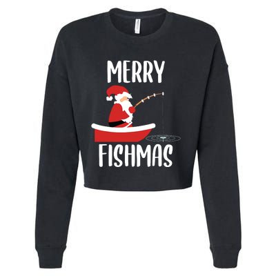 Merry Fishmas Funny Santa Fishing Fisherman Christmas Xmas Cropped Pullover Crew