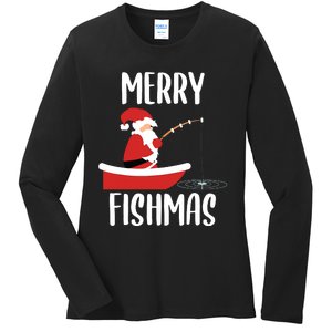 Merry Fishmas Funny Santa Fishing Fisherman Christmas Xmas Ladies Long Sleeve Shirt