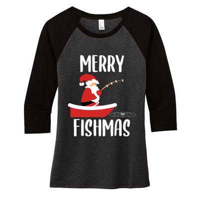 Merry Fishmas Funny Santa Fishing Fisherman Christmas Xmas Women's Tri-Blend 3/4-Sleeve Raglan Shirt