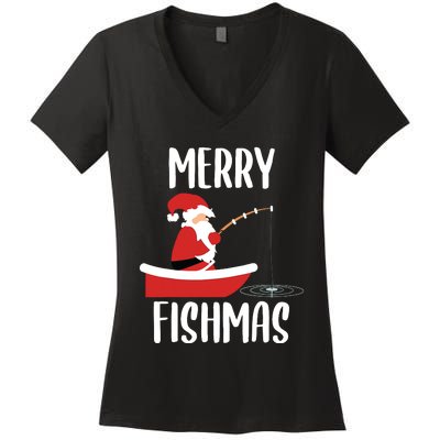 Merry Fishmas Funny Santa Fishing Fisherman Christmas Xmas Women's V-Neck T-Shirt