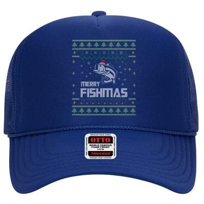 Merry Fishmas Funny Tree Fish Fishing Ugly Christmas Gift High Crown Mesh Back Trucker Hat