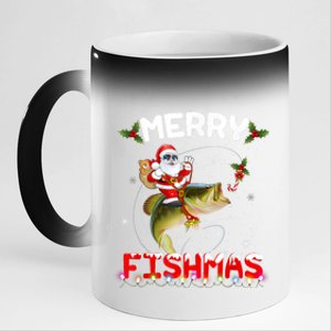 Merry Fishmas Funny Santa Riding Fish Christmas Pjs Fishers 11oz Black Color Changing Mug