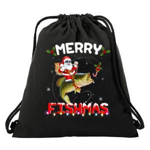 Merry Fishmas Funny Santa Riding Fish Christmas Pjs Fishers Drawstring Bag