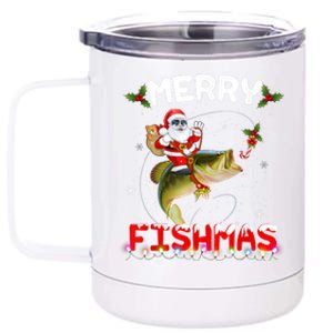 Merry Fishmas Funny Santa Riding Fish Christmas Pjs Fishers 12 oz Stainless Steel Tumbler Cup