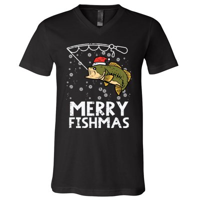 Merry Fishmas Fish Fishing Xmas Christmas Dad V-Neck T-Shirt