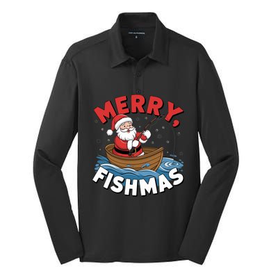 Merry Fishmas Funny Christmas Santa Claus Fishing Fisher Gift Silk Touch Performance Long Sleeve Polo