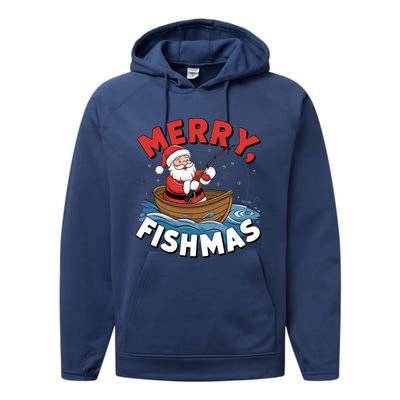 Merry Fishmas Funny Christmas Santa Claus Fishing Fisher Gift Performance Fleece Hoodie