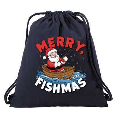 Merry Fishmas Funny Christmas Santa Claus Fishing Fisher Gift Drawstring Bag