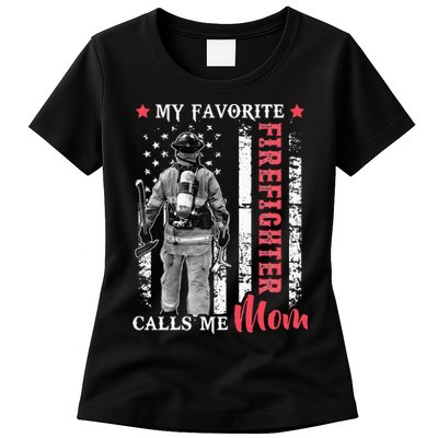 My Favorite Firefighter Calls Me Mom USA Flag Mother Womens T-Shirt