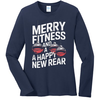 Merry Fitness Funny Happy Rear Gym Lover Christmas Ladies Long Sleeve Shirt