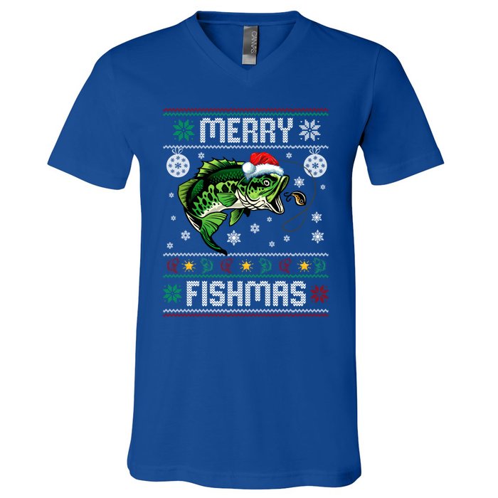 Merry Fishmas Funny Fish Fishing Fisher Ugly Christmas Gift V-Neck T-Shirt