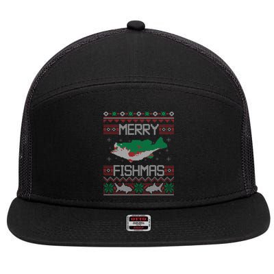 Merry Fishmas Fishing Dad Fish Angler Ugly Christmas Sweater Gift 7 Panel Mesh Trucker Snapback Hat