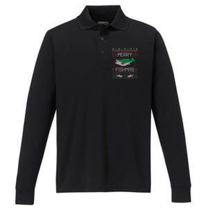 Merry Fishmas Fishing Dad Fish Angler Ugly Christmas Sweater Gift Performance Long Sleeve Polo