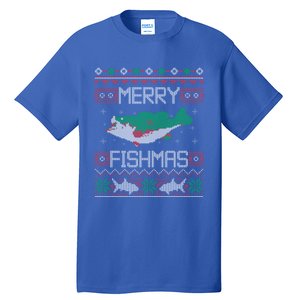 Merry Fishmas Fishing Dad Fish Angler Ugly Christmas Sweater Gift Tall T-Shirt