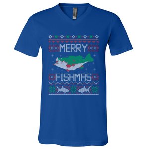 Merry Fishmas Fishing Dad Fish Angler Ugly Christmas Sweater Gift V-Neck T-Shirt