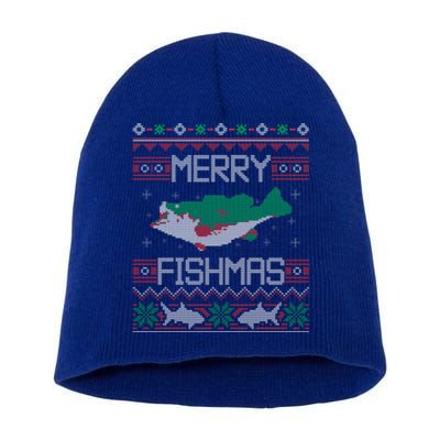 Merry Fishmas Fishing Dad Fish Angler Ugly Christmas Sweater Gift Short Acrylic Beanie