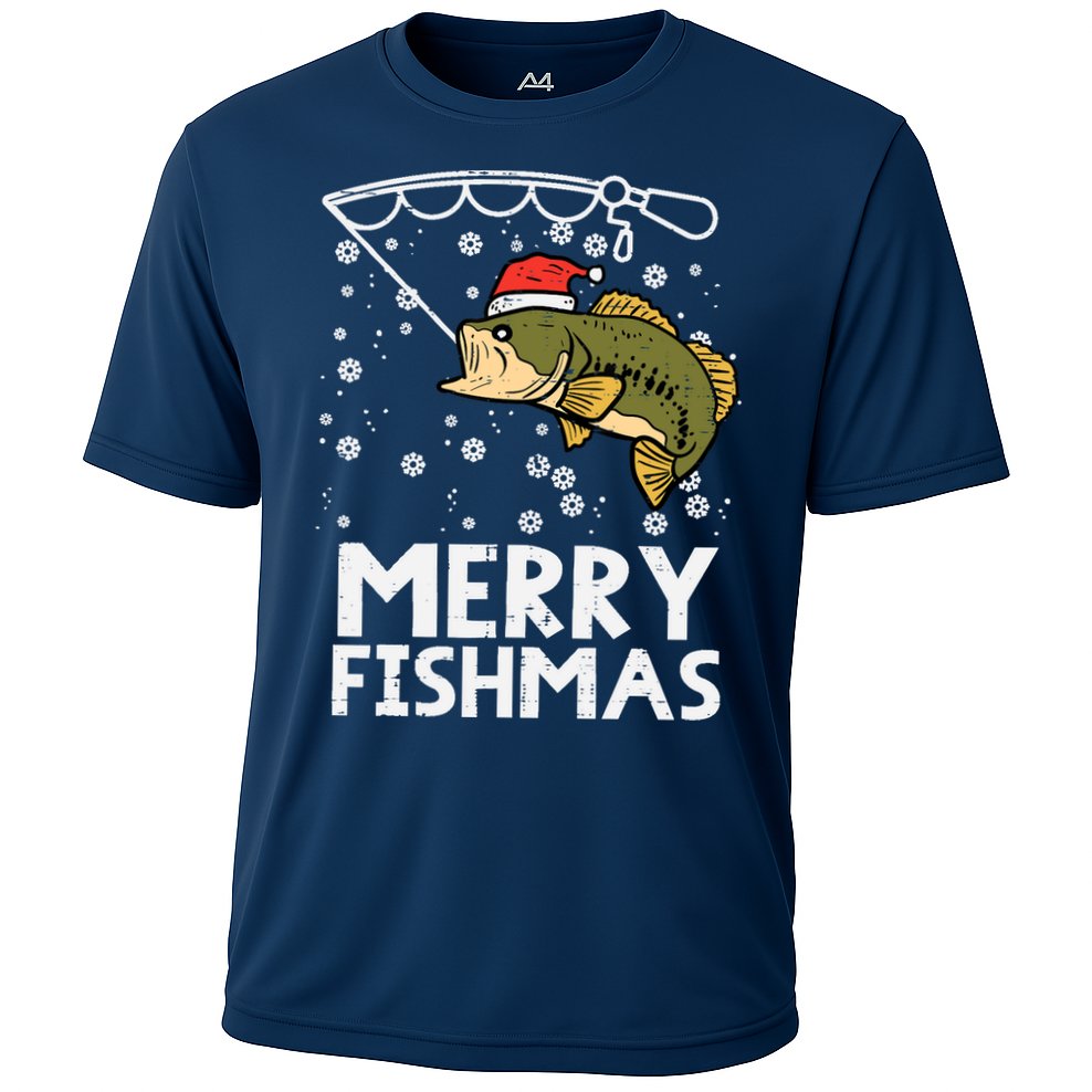 Merry Fishmas Fish Fishing Xmas Christmas Dad Cooling Performance Crew T-Shirt