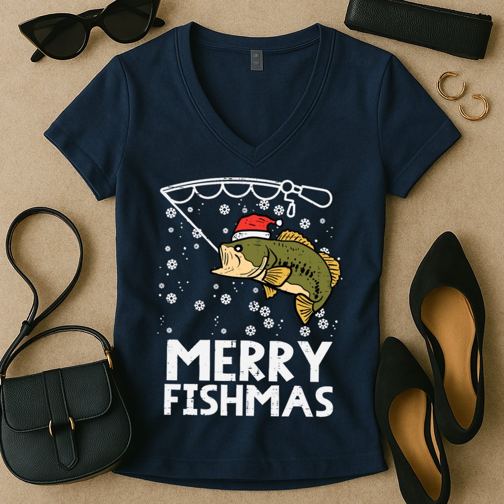 Merry Fishmas Fish Fishing Xmas Christmas Dad Women's V-Neck T-Shirt