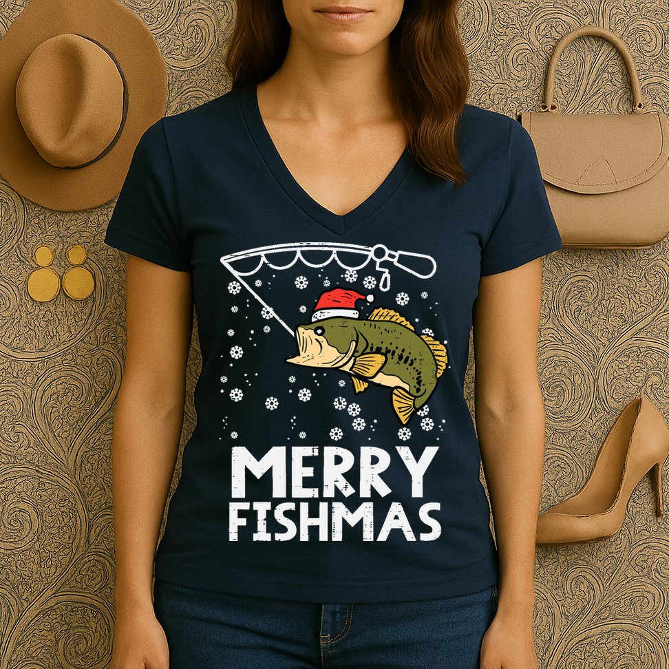 Merry Fishmas Fish Fishing Xmas Christmas Dad Women's V-Neck T-Shirt