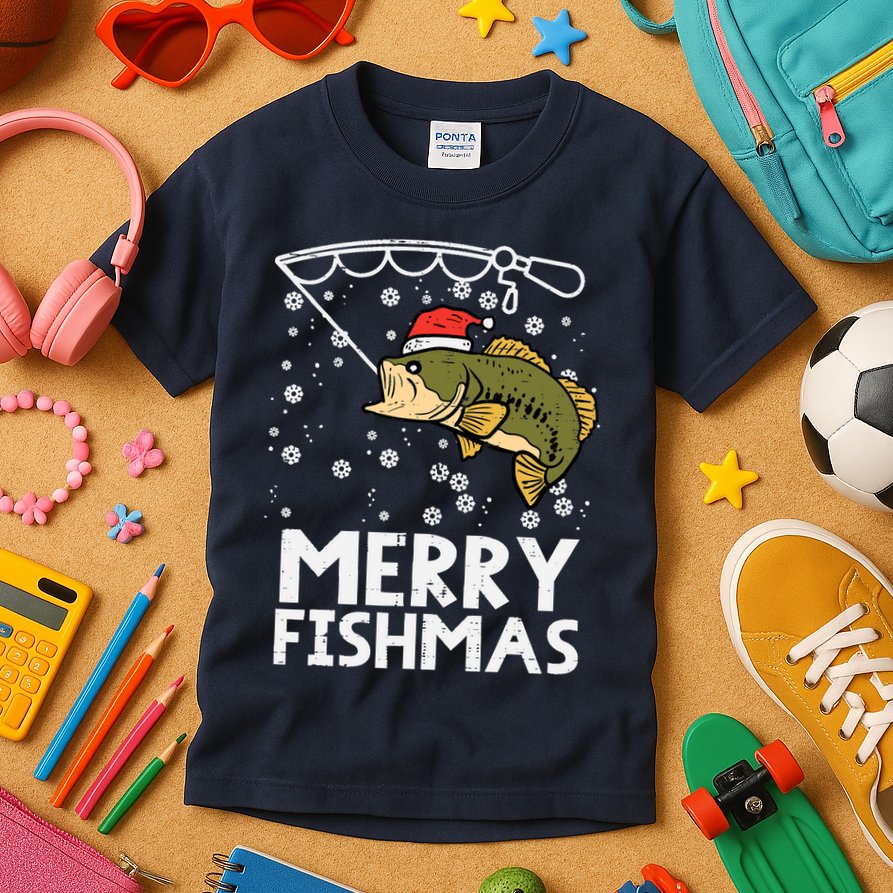 Merry Fishmas Fish Fishing Xmas Christmas Dad Kids T-Shirt