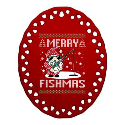 Merry Fishmas Fishing Gnome Christmas Santa Fisher Gift Ceramic Oval Ornament