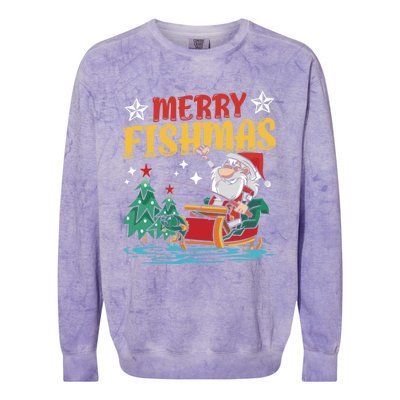 Merry Fishmas Fishing Christmas Costume Funny Santa Claus Colorblast Crewneck Sweatshirt