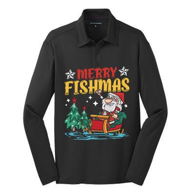 Merry Fishmas Fishing Christmas Costume Funny Santa Claus Silk Touch Performance Long Sleeve Polo