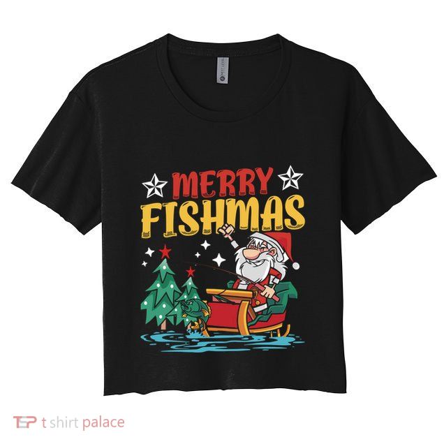 Merry Fishmas Fishing Christmas Costume Funny Santa Claus Crop Top