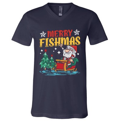 Merry Fishmas Fishing Christmas Costume Funny Santa Claus V-Neck T-Shirt