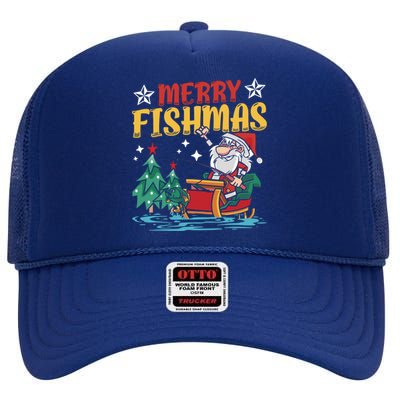 Merry Fishmas Fishing Christmas Costume Funny Santa Claus High Crown Mesh Back Trucker Hat