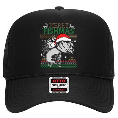 Merry Fishmas Funny Merry Christmas Fishing Lover High Crown Mesh Back Trucker Hat