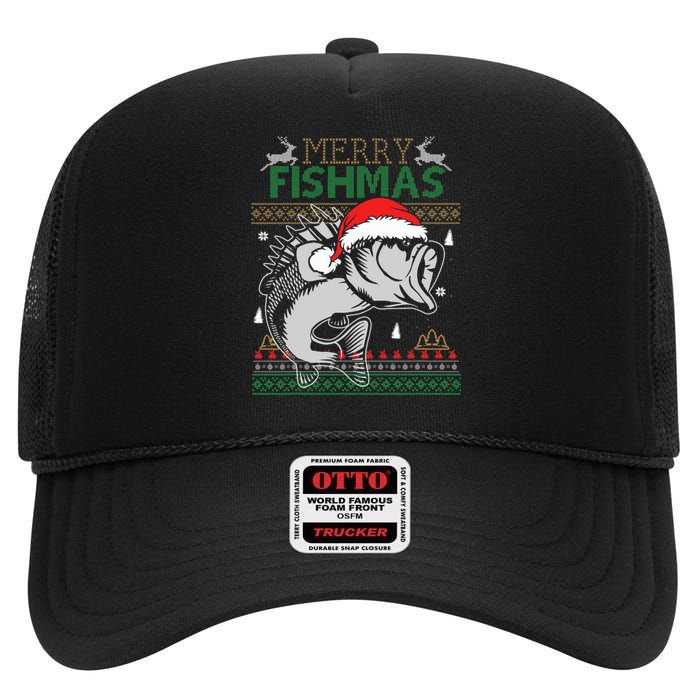 Merry Fishmas Funny Merry Christmas Fishing Lover High Crown Mesh Back Trucker Hat