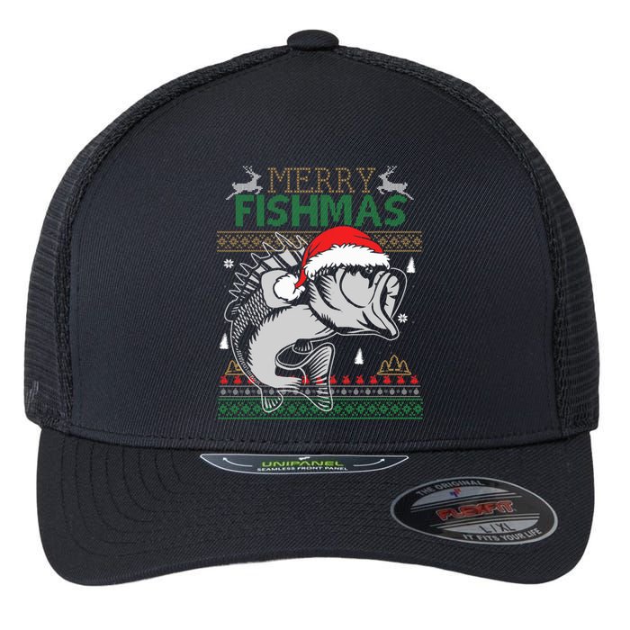 Merry Fishmas Funny Merry Christmas Fishing Lover Flexfit Unipanel Trucker Cap