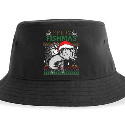 Merry Fishmas Funny Merry Christmas Fishing Lover Sustainable Bucket Hat