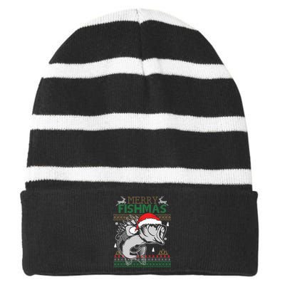 Merry Fishmas Funny Merry Christmas Fishing Lover Striped Beanie with Solid Band