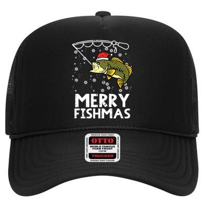 Merry Fishmas Fish Fishing Xmas Christmas Dad High Crown Mesh Back Trucker Hat