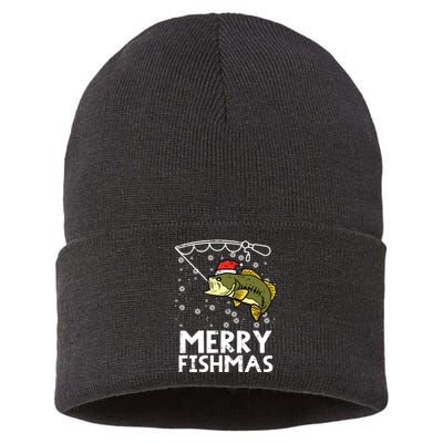 Merry Fishmas Fish Fishing Xmas Christmas Dad Sustainable Knit Beanie