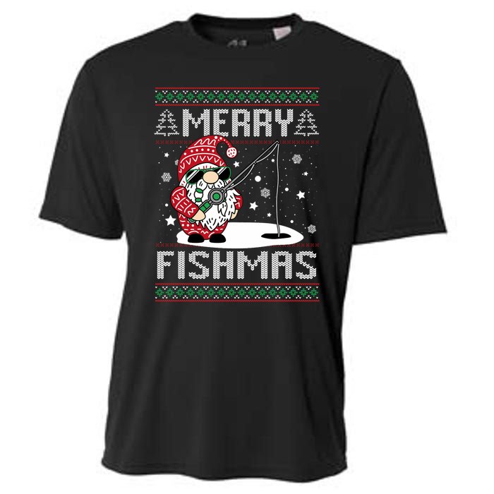 Merry Fishmas Fishing Gnome Christmas Santa Fisherman Cooling Performance Crew T-Shirt