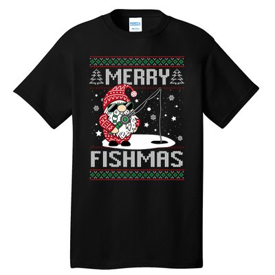 Merry Fishmas Fishing Gnome Christmas Santa Fisherman Tall T-Shirt