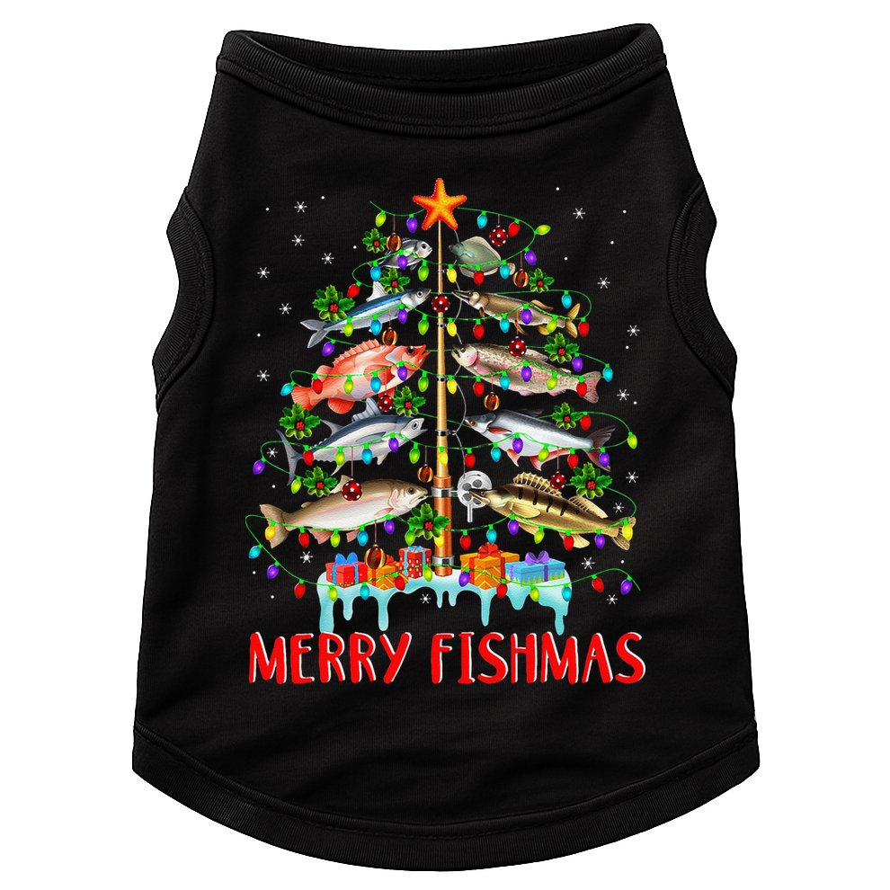 Merry Fishmas Funny Christmas Tree Lights Fish Fishing Rod Doggie Tank