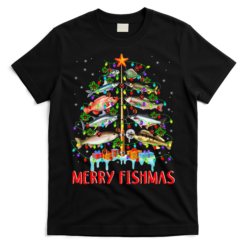 Merry Fishmas Funny Christmas Tree Lights Fish Fishing Rod T-Shirt