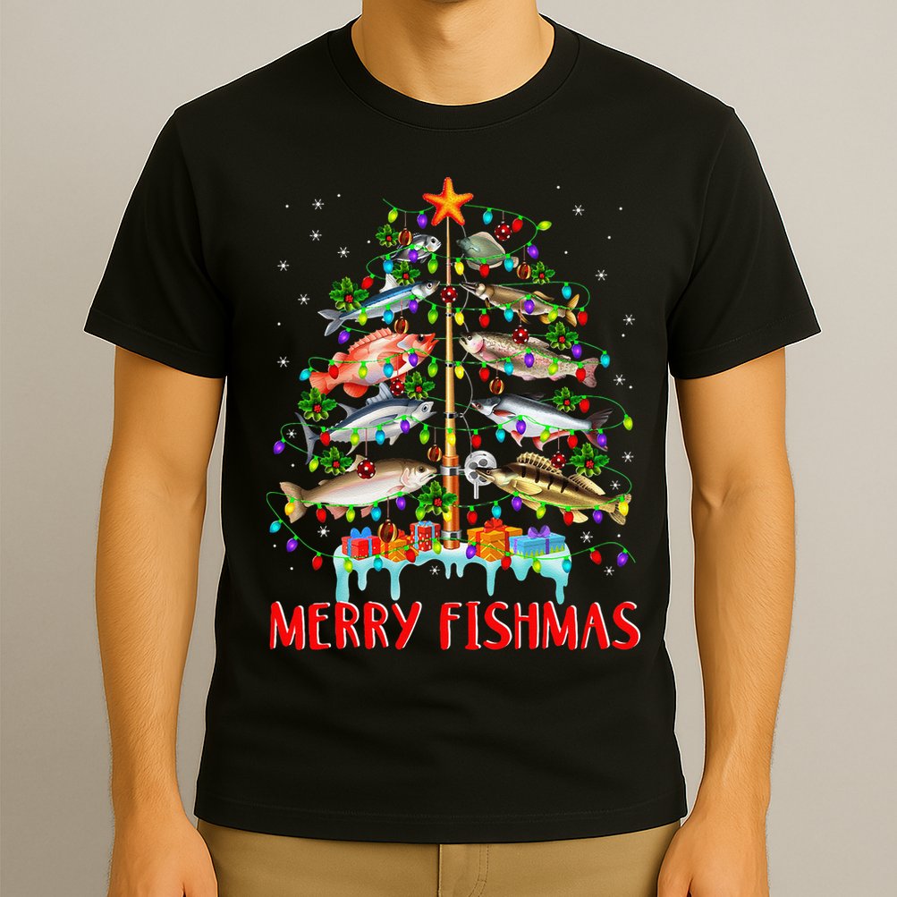 Merry Fishmas Funny Christmas Tree Lights Fish Fishing Rod T-Shirt