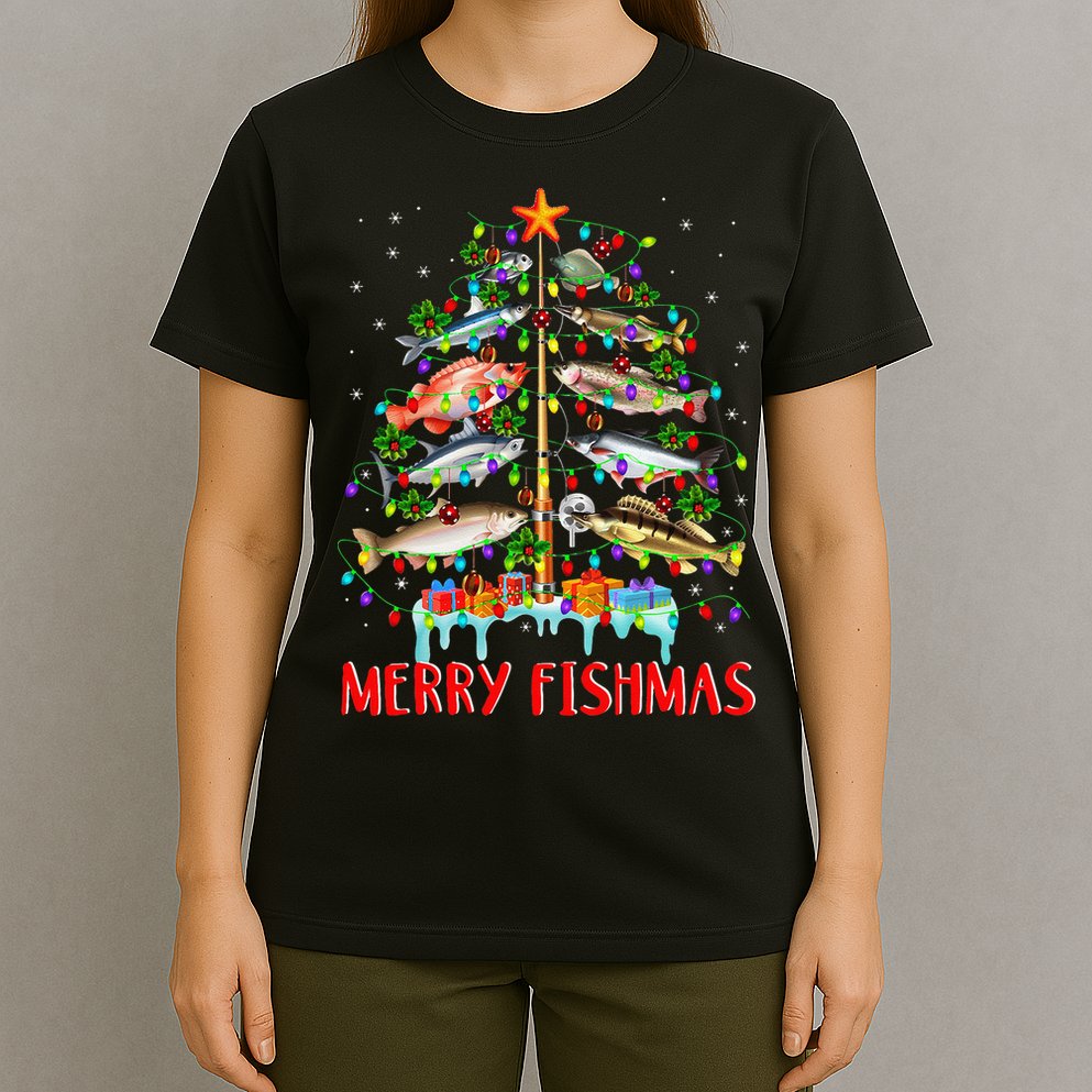Merry Fishmas Funny Christmas Tree Lights Fish Fishing Rod T-Shirt