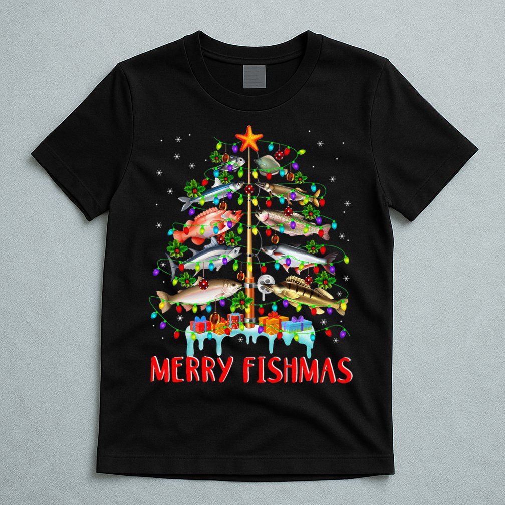 Merry Fishmas Funny Christmas Tree Lights Fish Fishing Rod T-Shirt