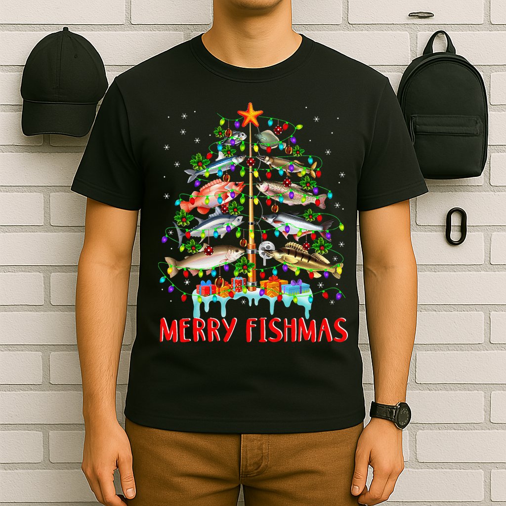 Merry Fishmas Funny Christmas Tree Lights Fish Fishing Rod T-Shirt