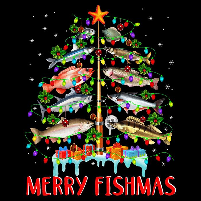 Merry Fishmas Funny Christmas Tree Lights Fish Fishing Rod T-Shirt
