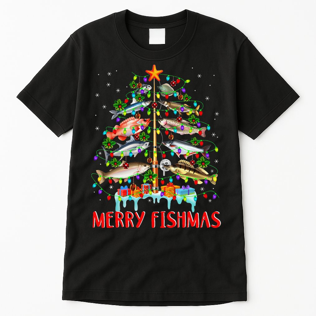 Merry Fishmas Funny Christmas Tree Lights Fish Fishing Rod Tall T-Shirt