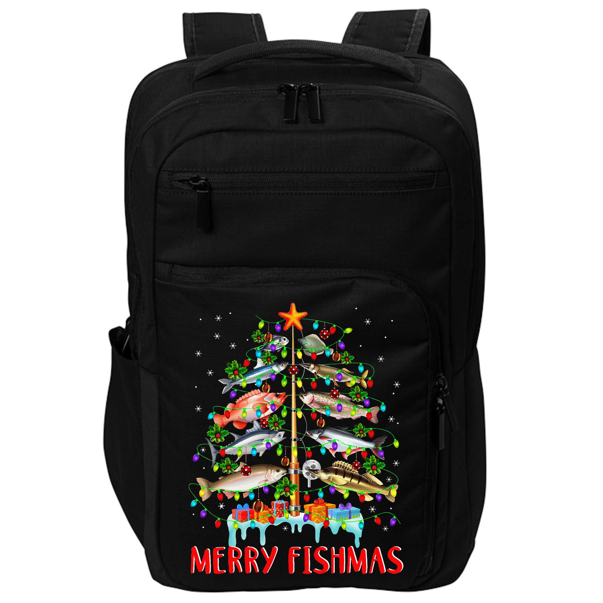 Merry Fishmas Funny Christmas Tree Lights Fish Fishing Rod Impact Tech Backpack